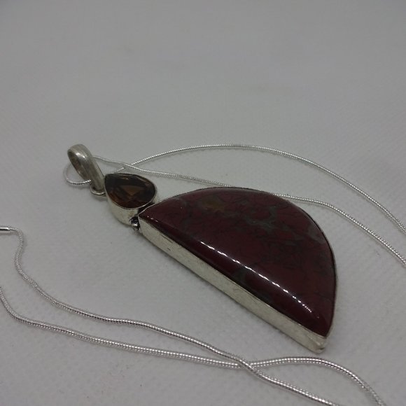 Natural "POPPY JASPER & SMOKEY TOPAZ" Handmade Sterling Pendant/Chain #865 - Picture 1 of 3